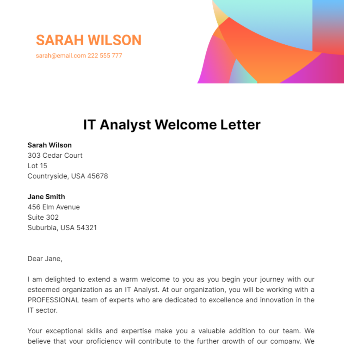 IT Analyst Welcome Letter Template