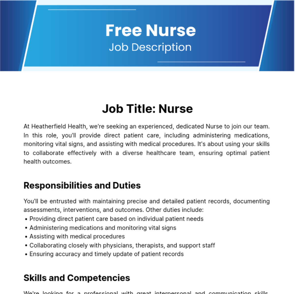 Nurse Job Description Template
