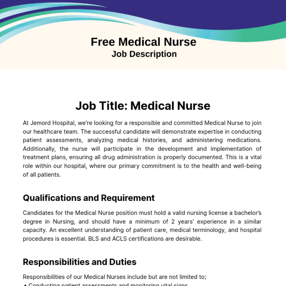 Medical Nurse Job Description Template