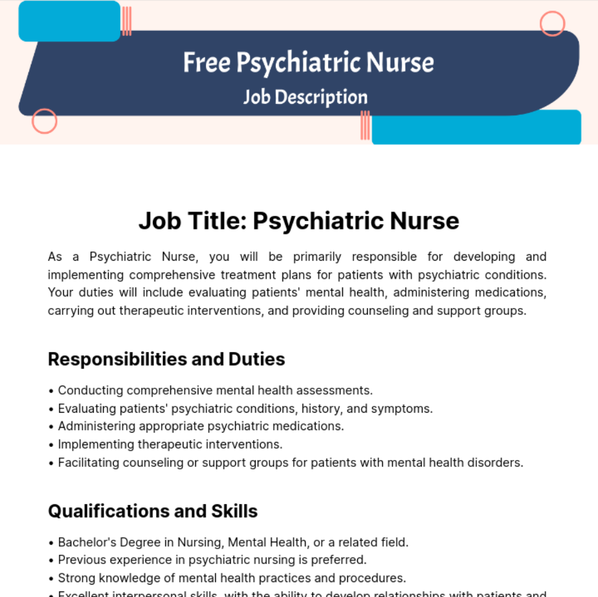 Psychiatric Nurse Job Description Template