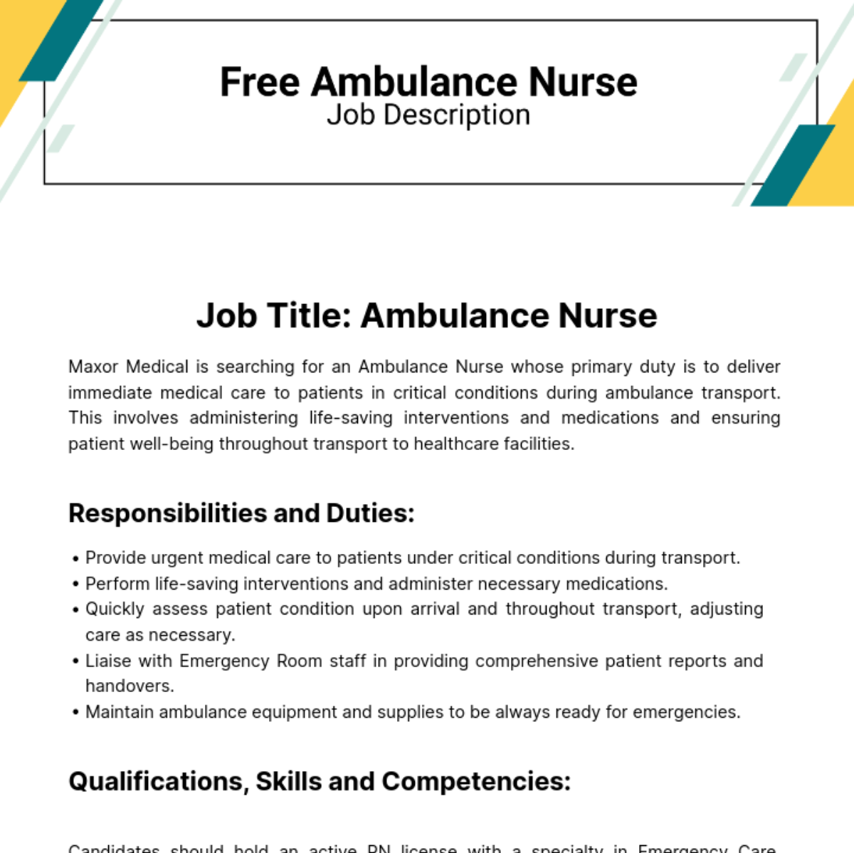 Ambulance Nurse Job Description Template