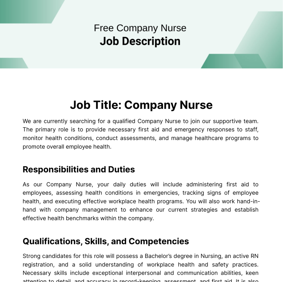 Free Company Nurse Job Description Template