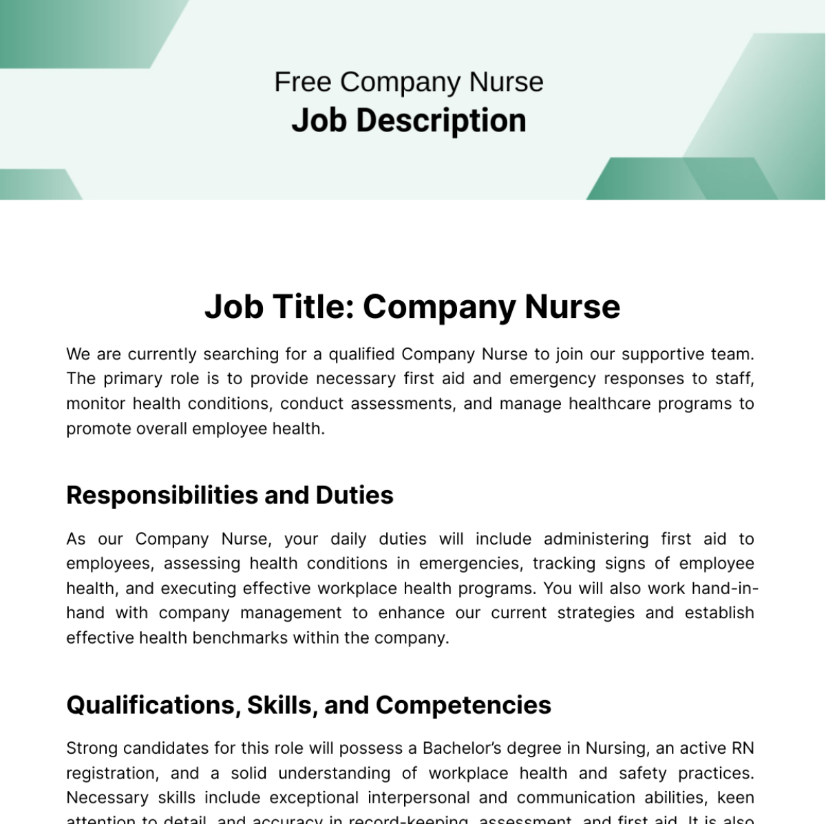Free Company Nurse Job Description Template To Edit Online