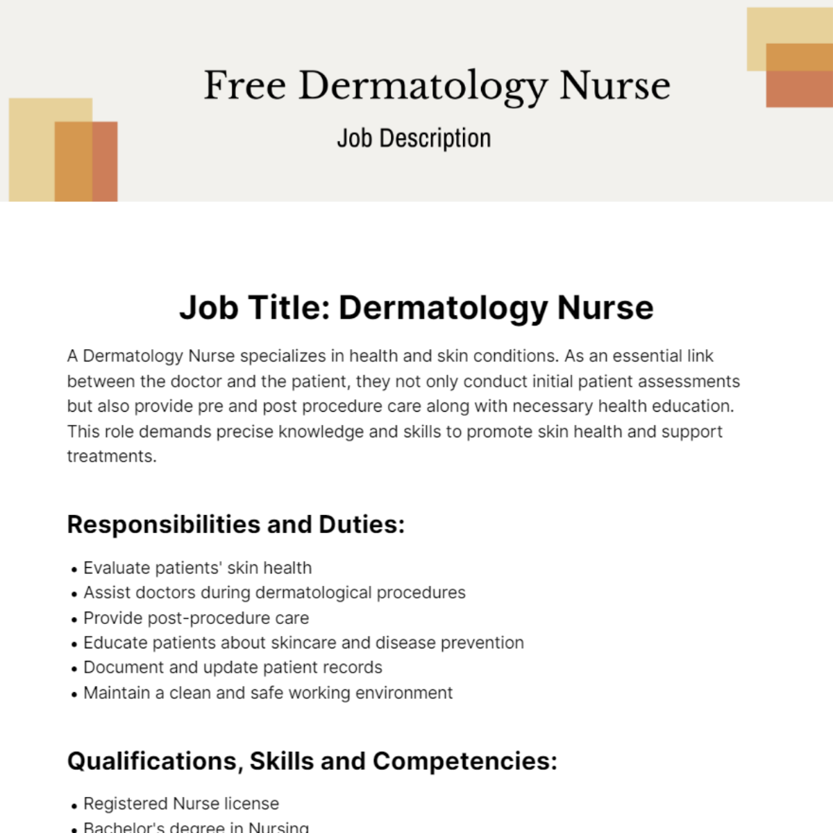 Dermatology Nurse Job Description Template