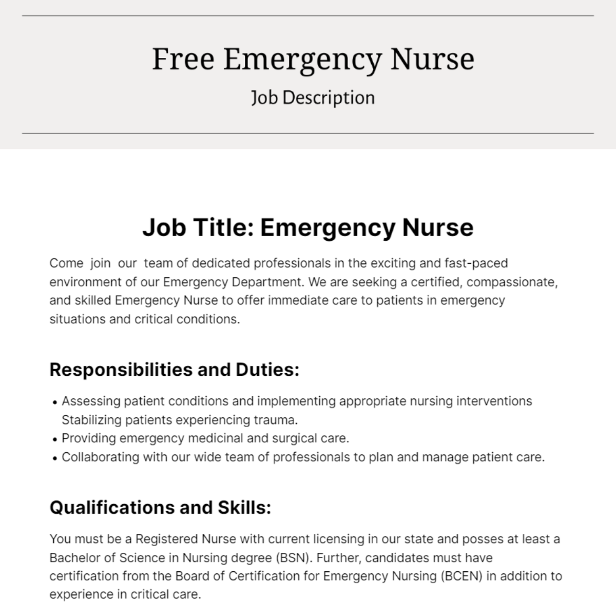 Free Emergency Nurse Job Description Template
