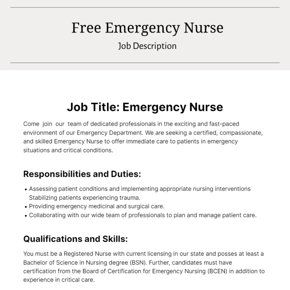 Emergency Nurse Job Description Template - Edit Online & Download