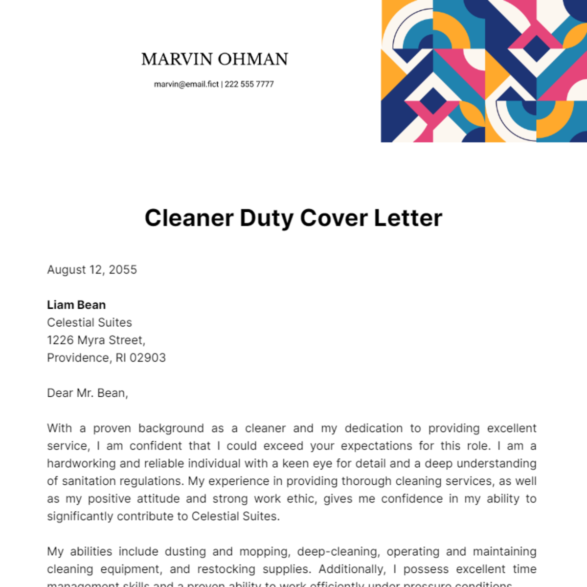 Cleaner Duty Cover Letter Template