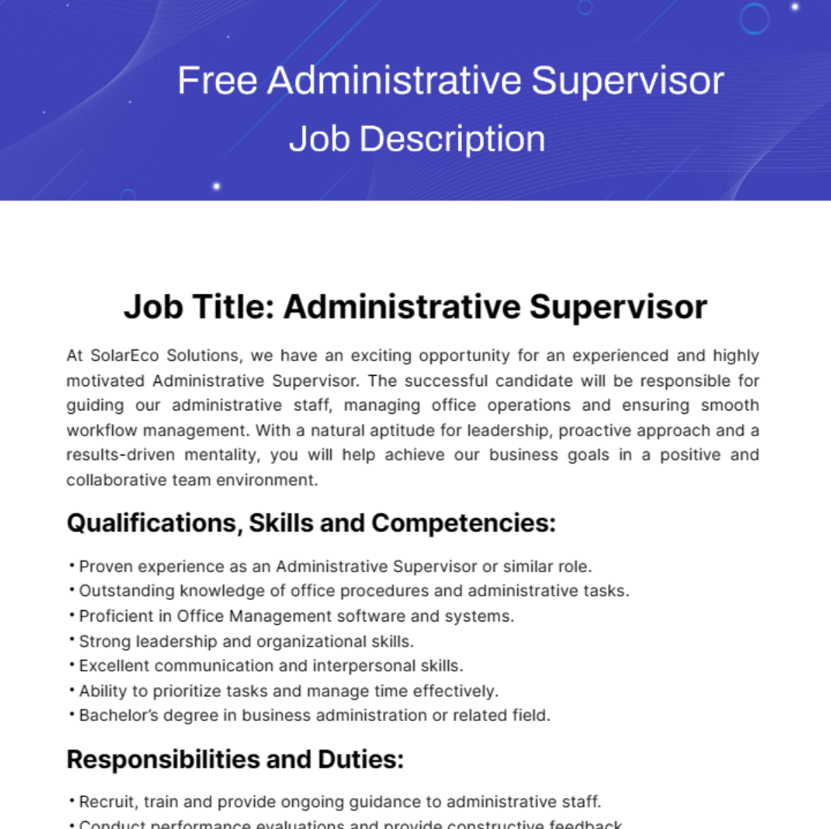 Free Administrative Supervisor Job Description Template
