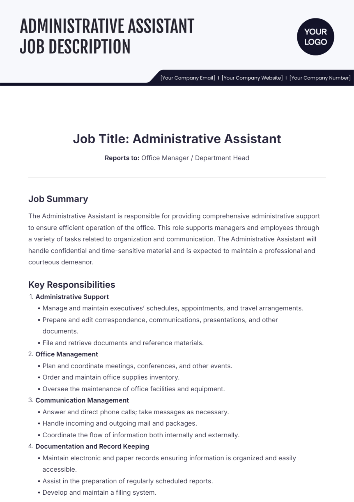 Administrative Assistant Job Description Template - Edit Online & Download