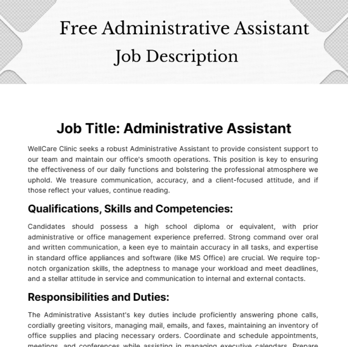 Free Administrative Assistant Job Description Template