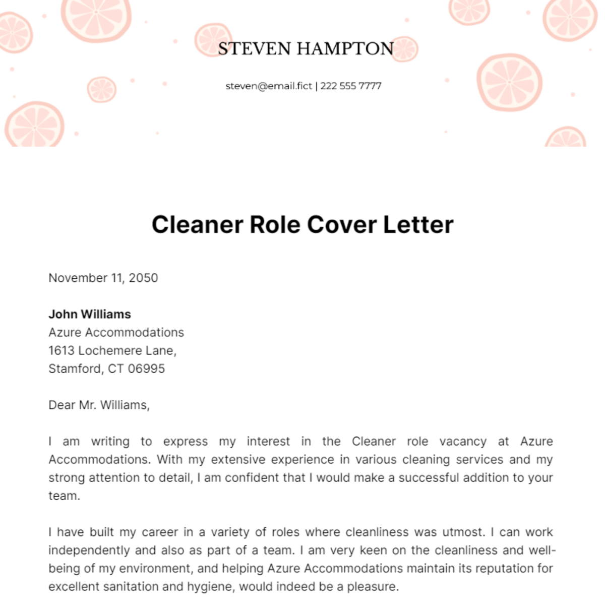 Cleaner Role Cover Letter Template