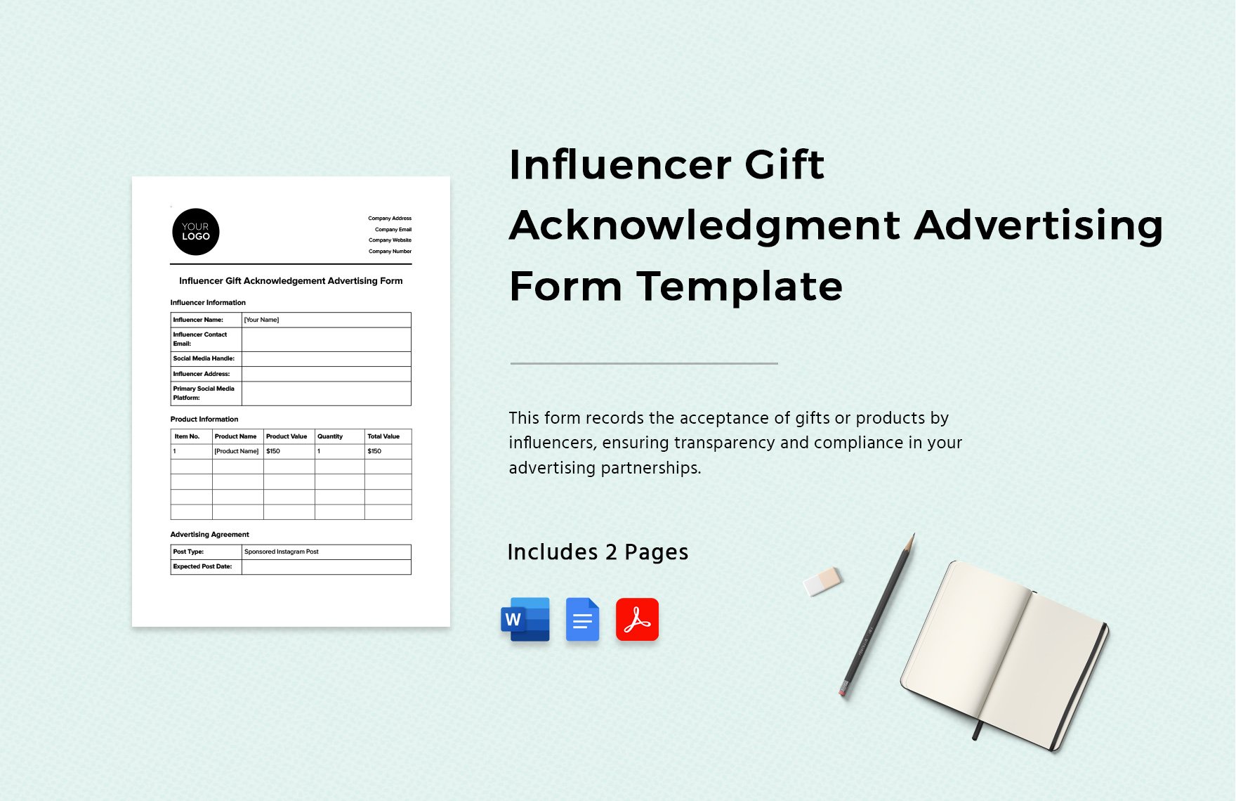 Influencer Gift Acknowledgment Advertising Form Template in Word, Google Docs, PDF