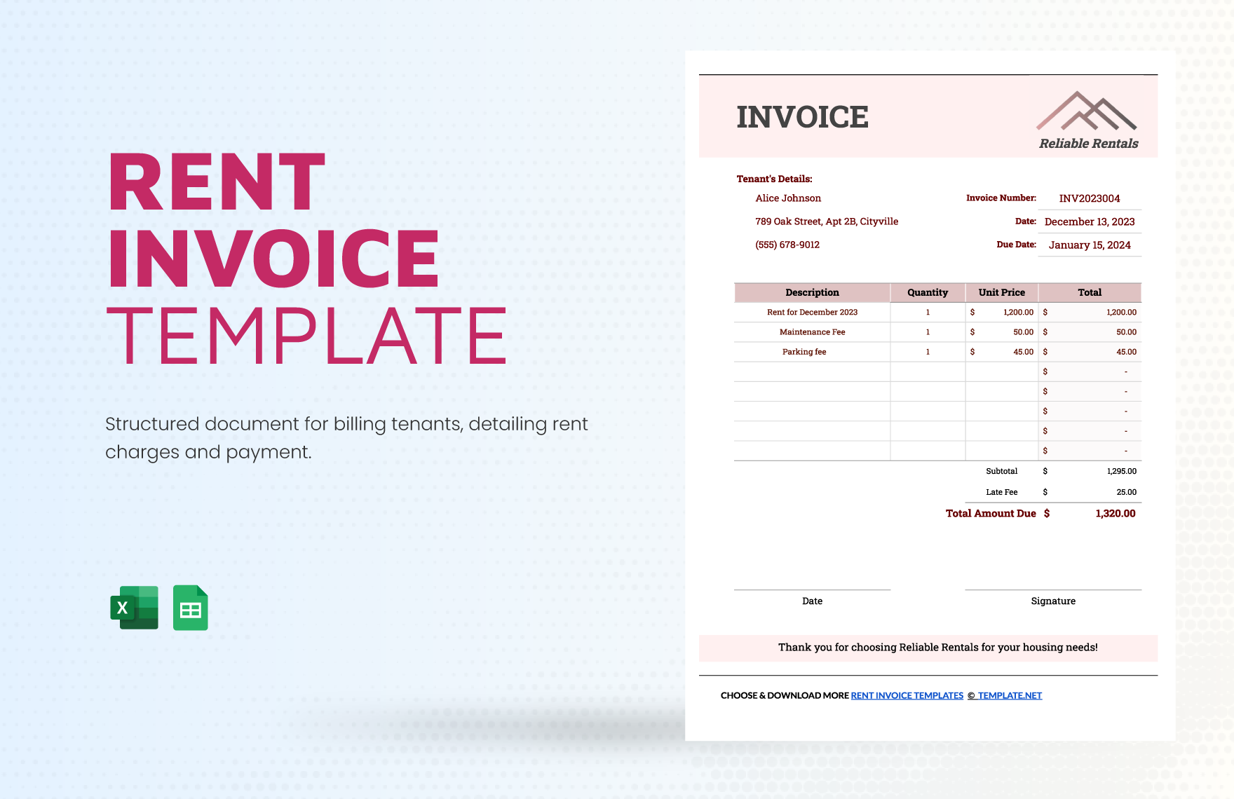 Free Rent Invoice Template in Excel, Google Sheets