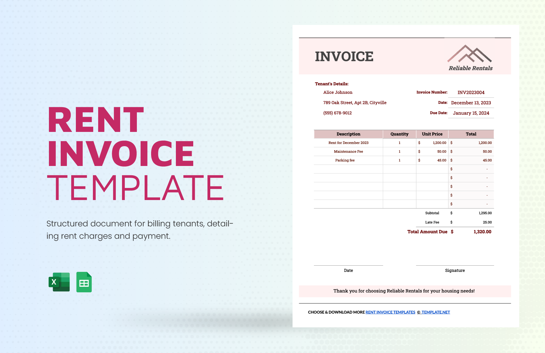 Rent Invoice Template in Excel, Google Sheets - Download | Template.net