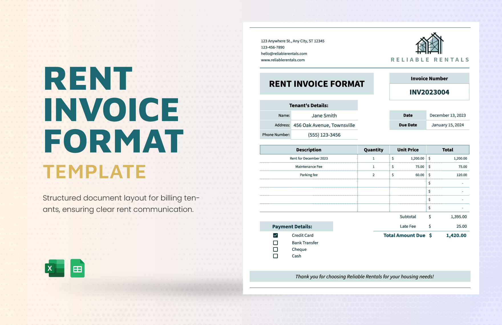Free Rent Invoice Format Template in Excel, Google Sheets