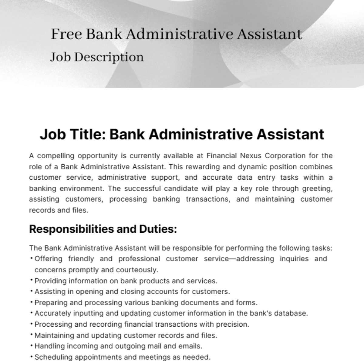 Free Bank Administrative Assistant Job Description Template