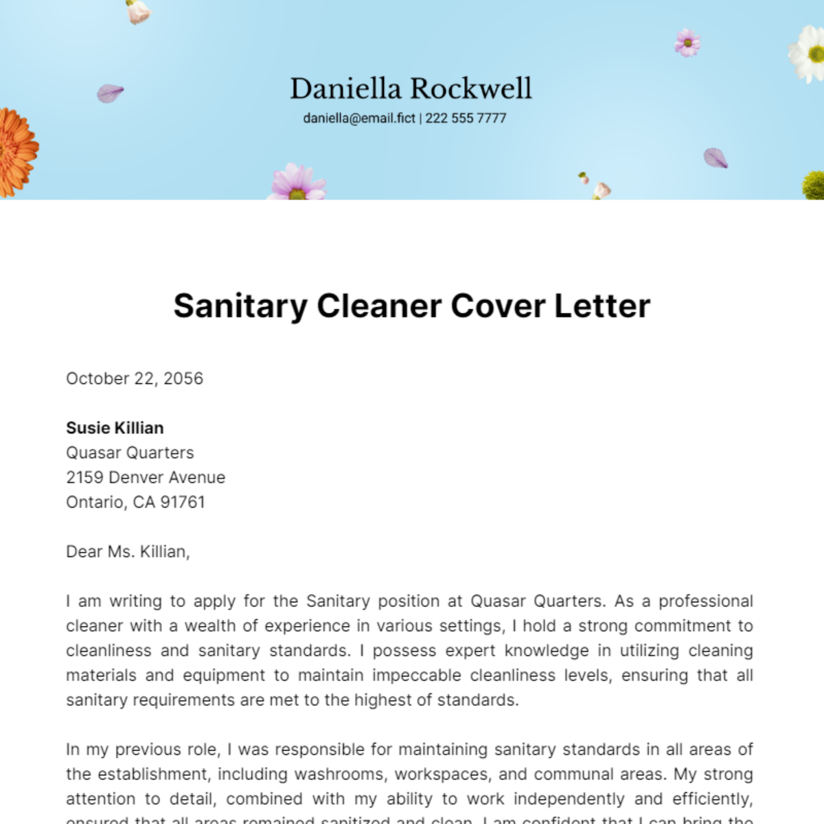 Sanitary Cleaner Cover Letter Template