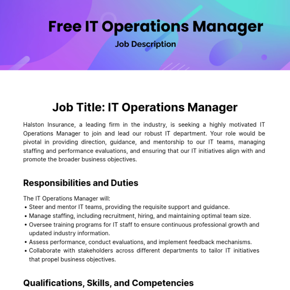 IT Operations Manager Job Description Template
