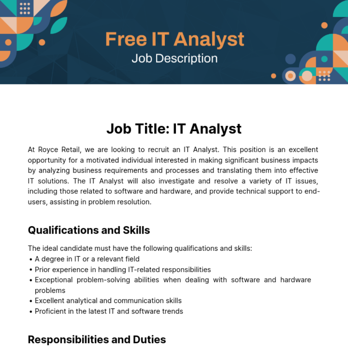 IT Analyst Job Description Template