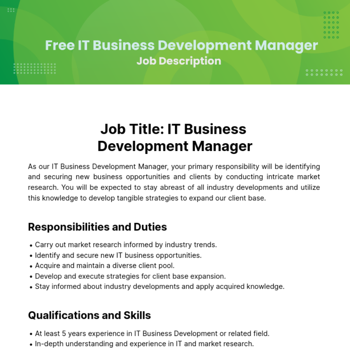 Free IT Business Development Manager Job Description Template