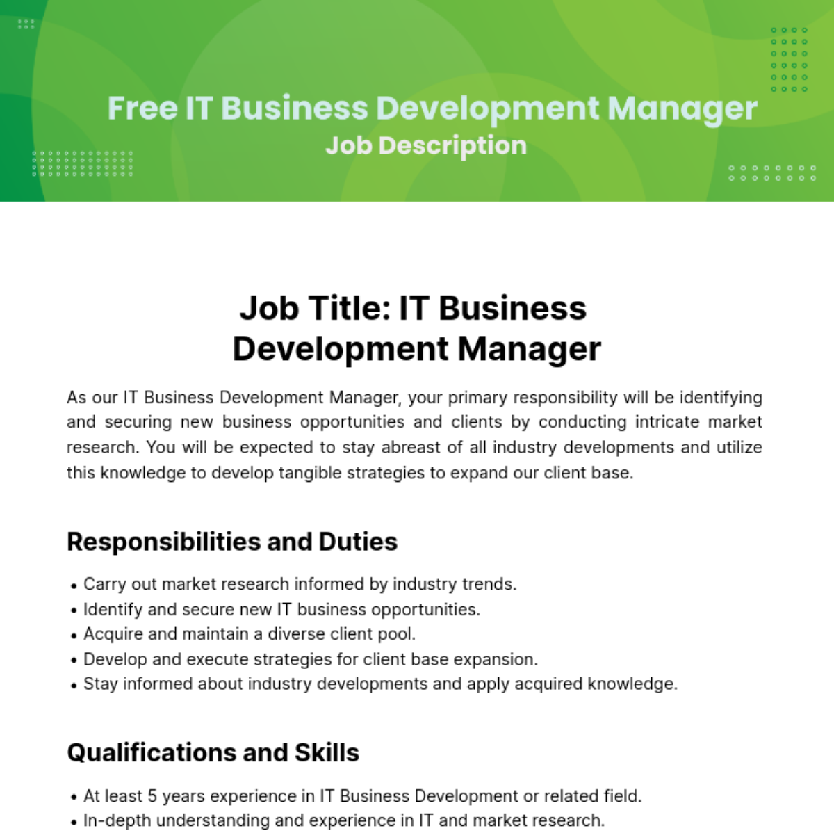 IT Business Development Manager Job Description Template Edit Online 