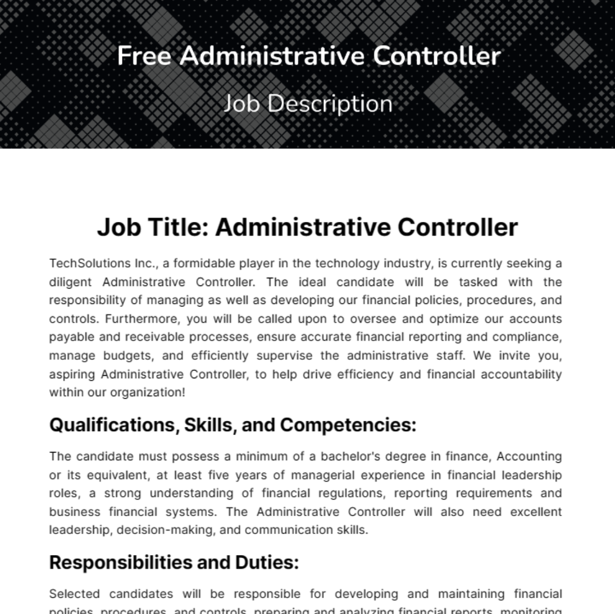 Free Administrative Controller Job Description Template
