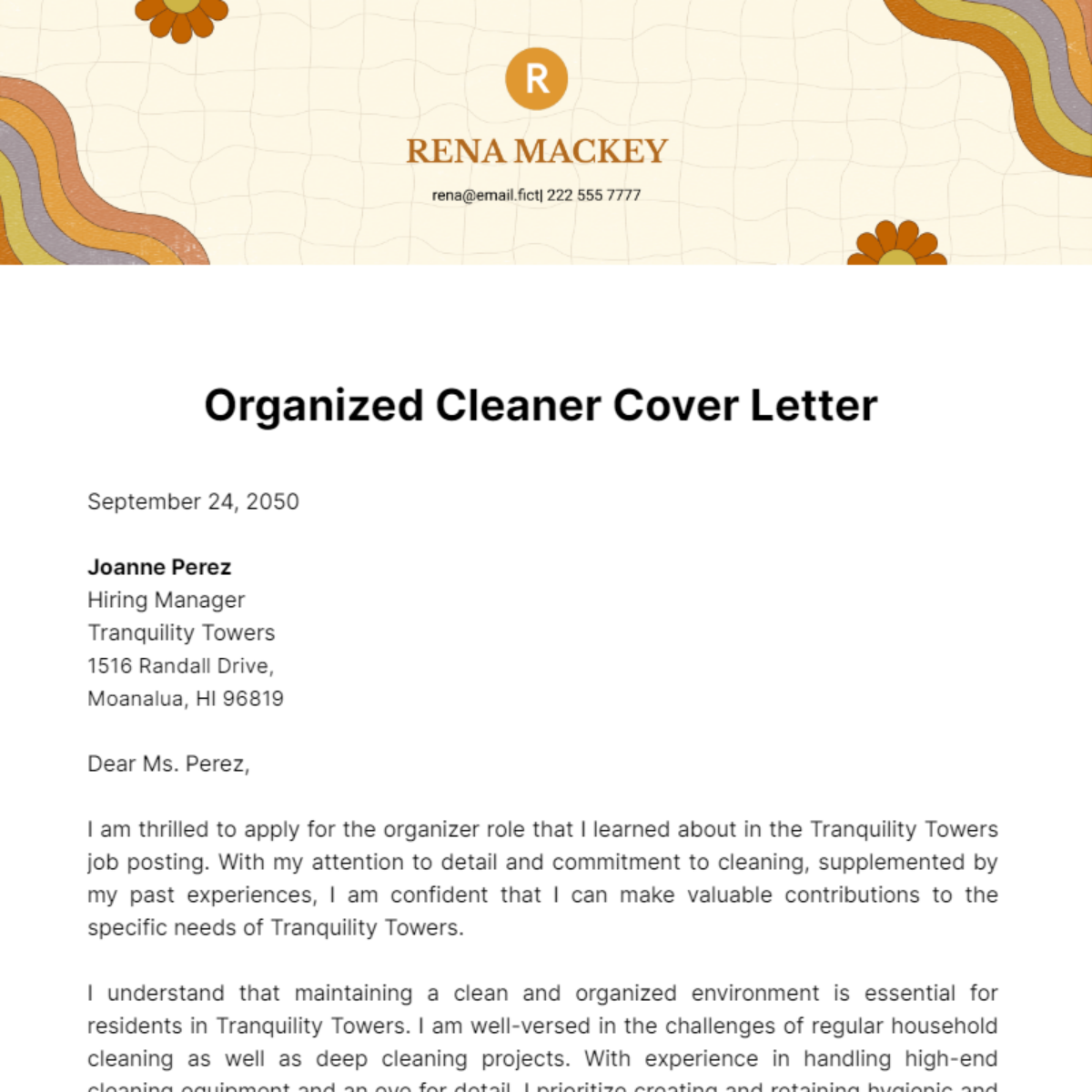 Organized Cleaner Cover Letter Template
