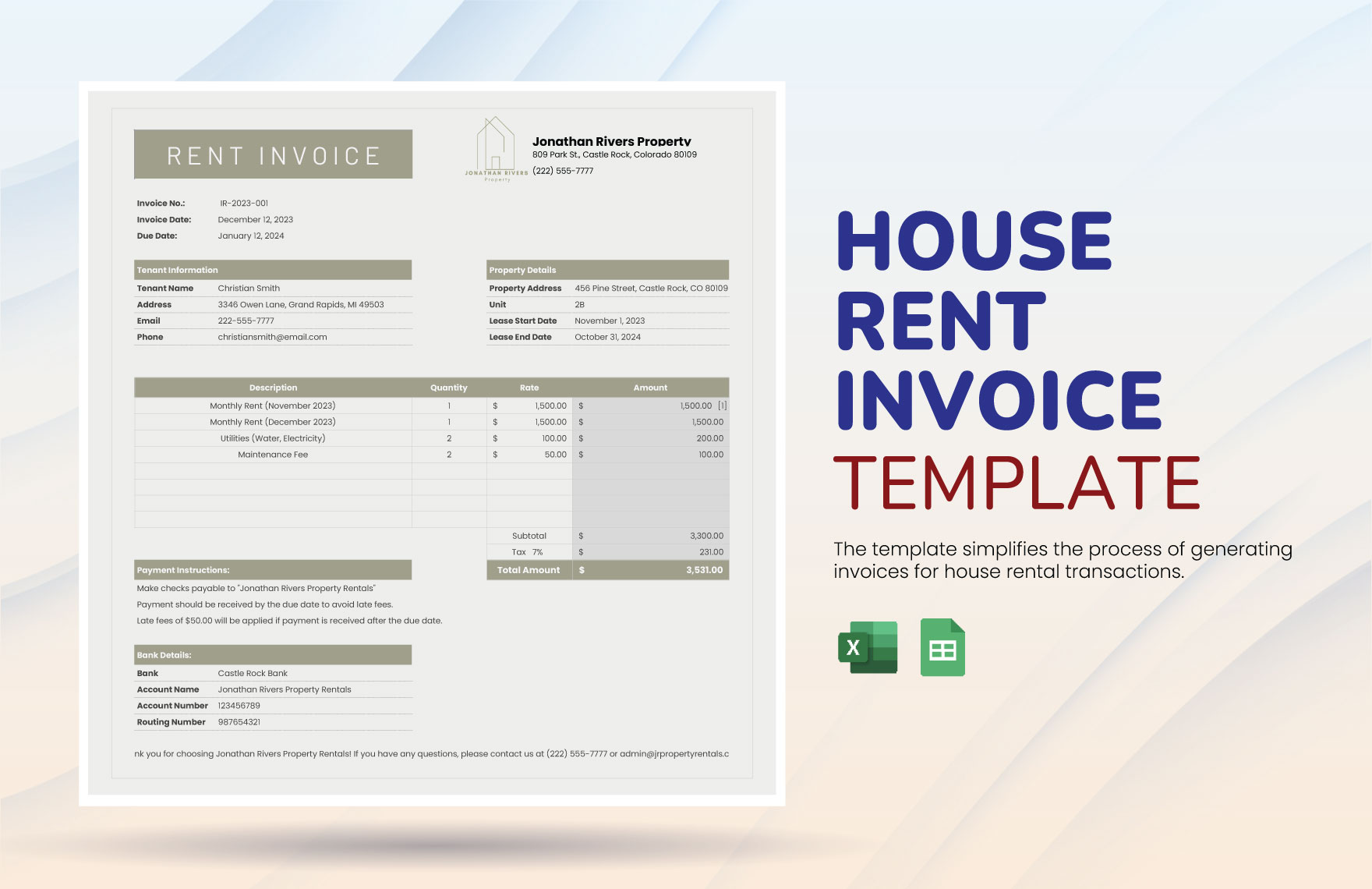 House Rent Invoice Template in Excel, Google Sheets