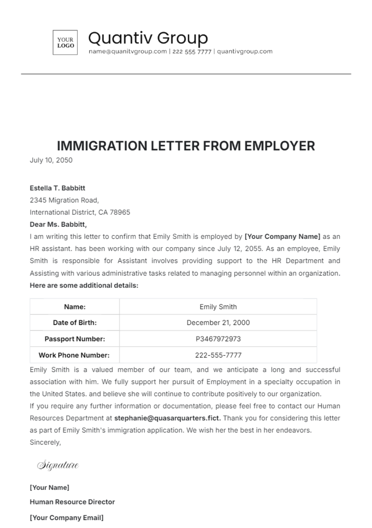 Immigration Letter from Employer Template - Edit Online & Download