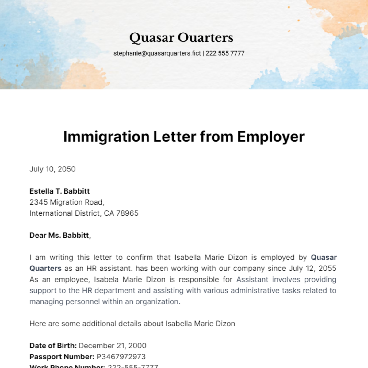 Immigration Letter from Employer Template