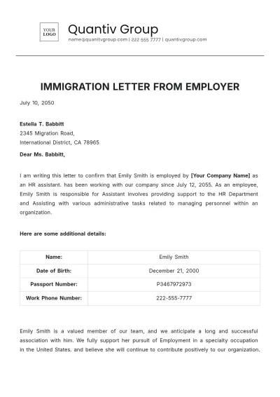 Free Immigration Letter from Employer Template to Edit Online