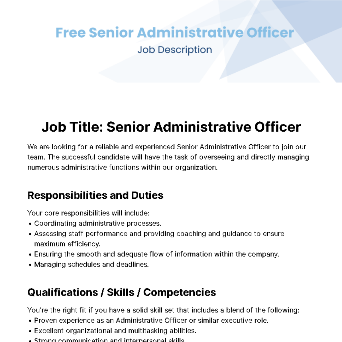 Free Senior Administrative Officer Job Description Template