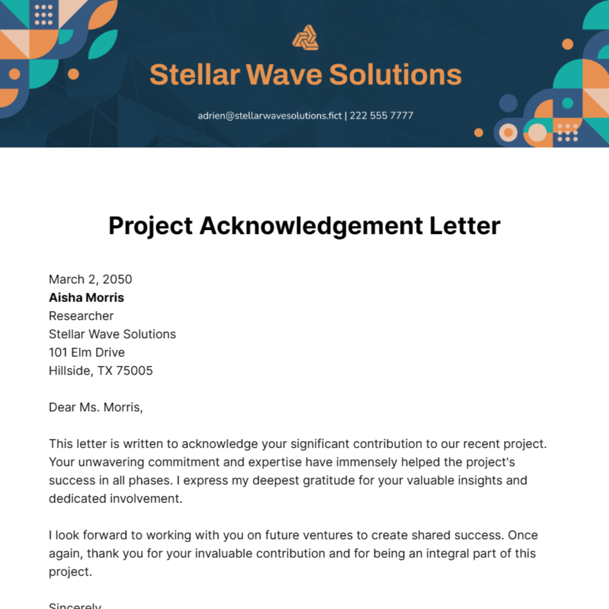 Project Acknowledgement Letter Template