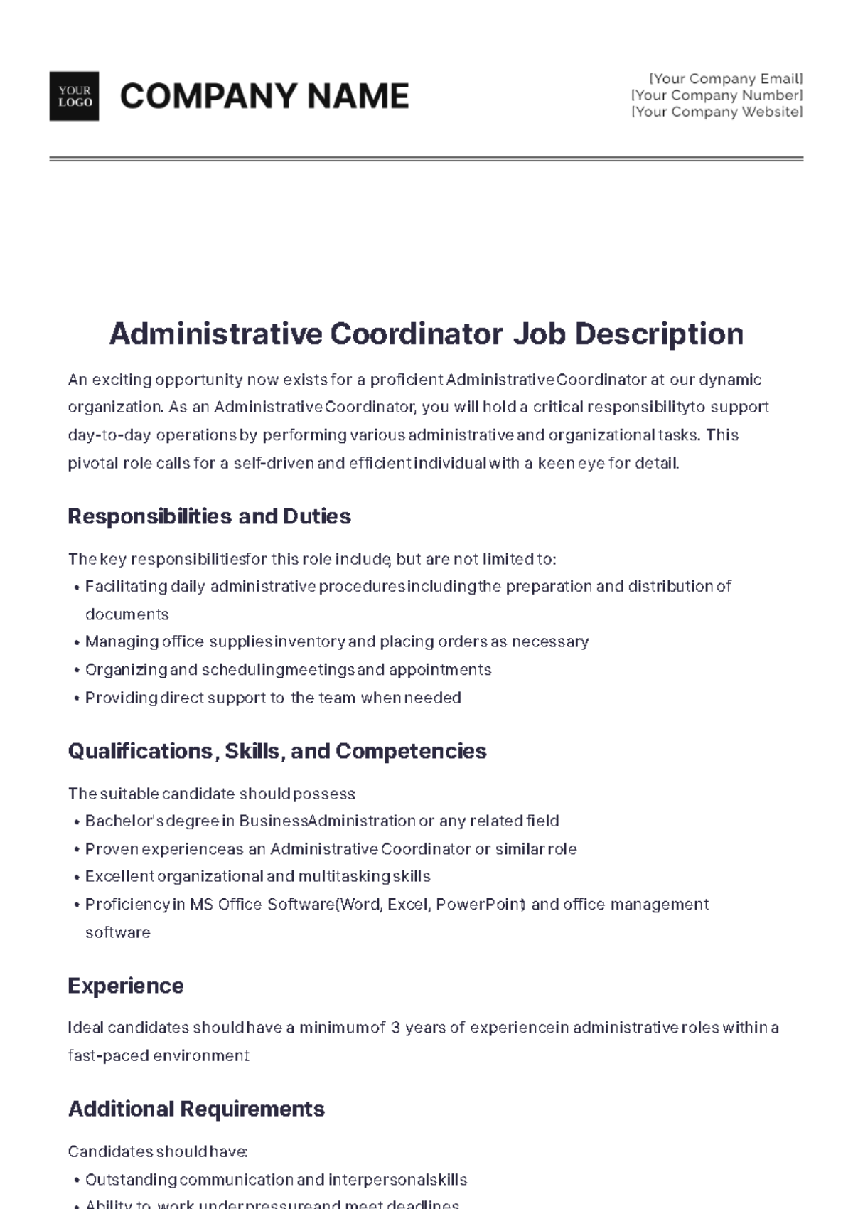 Administrative Coordinator Job Description Template - Edit Online & Download