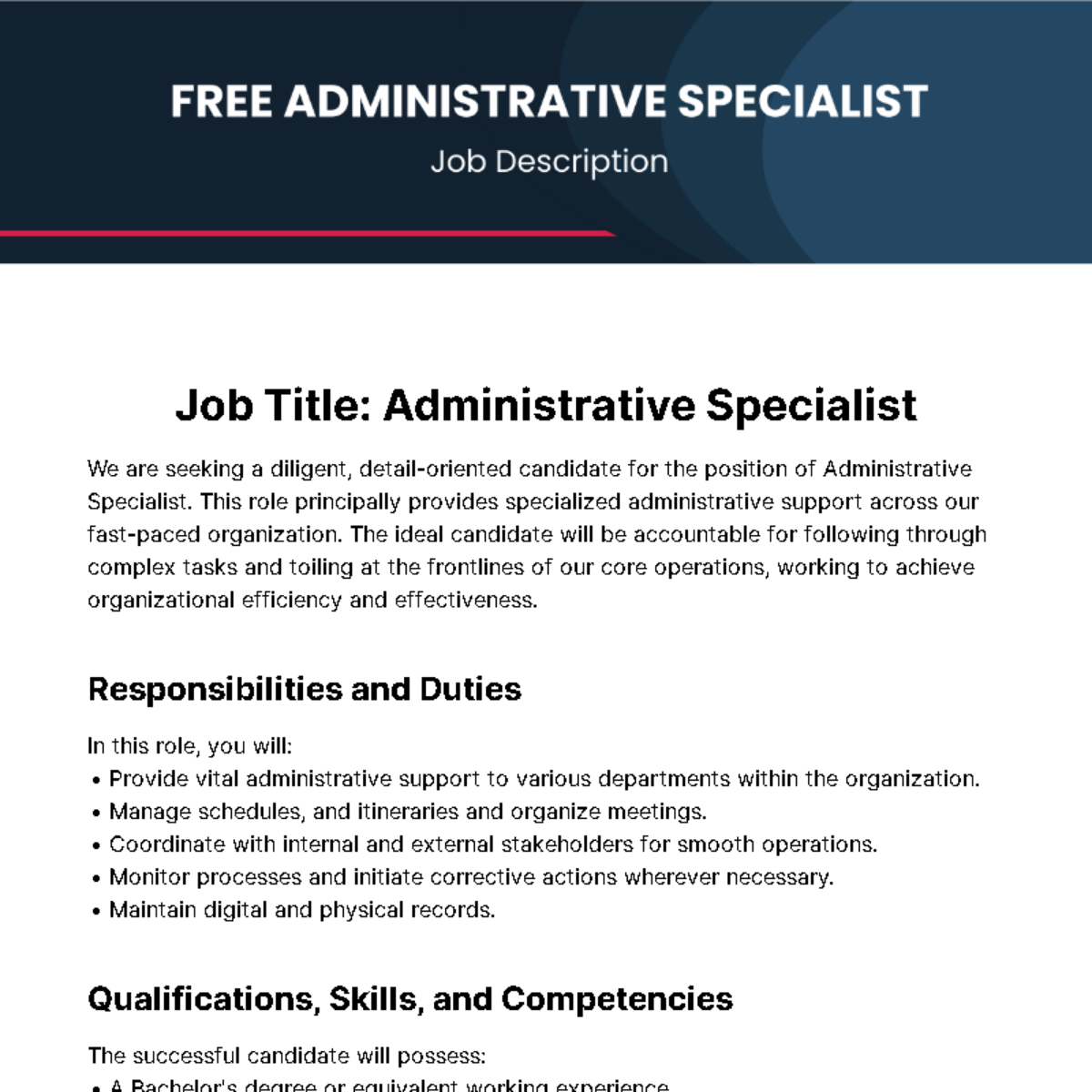 Administrative Specialist Job Description Template
