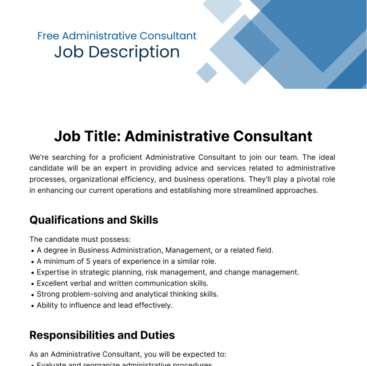 Free Administrative Consultant Job Description Template