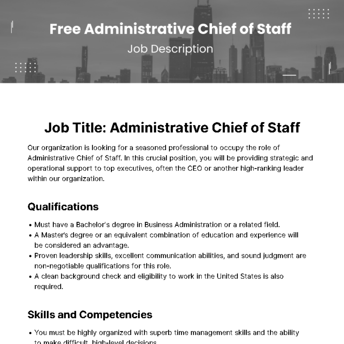 Administrative Chief of Staff Job Description Template