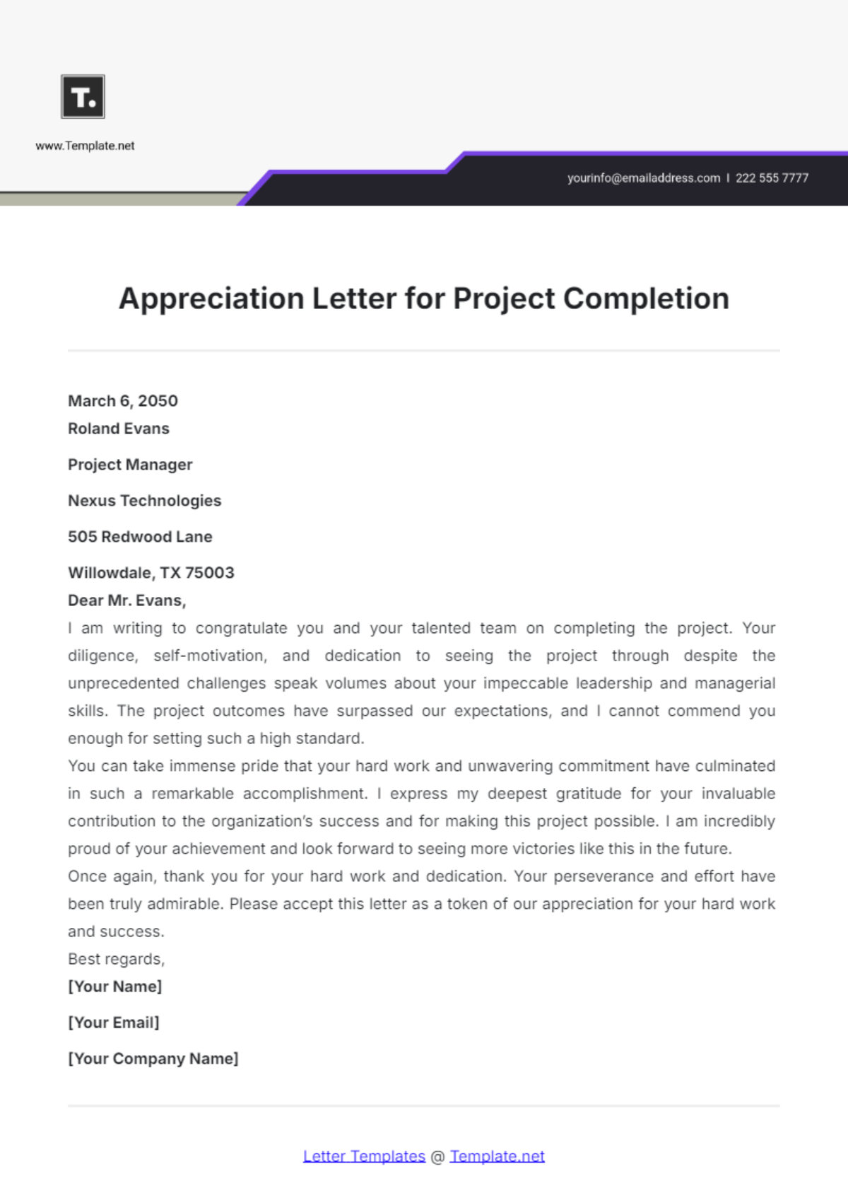 Appreciation Letter for Project Completion Template