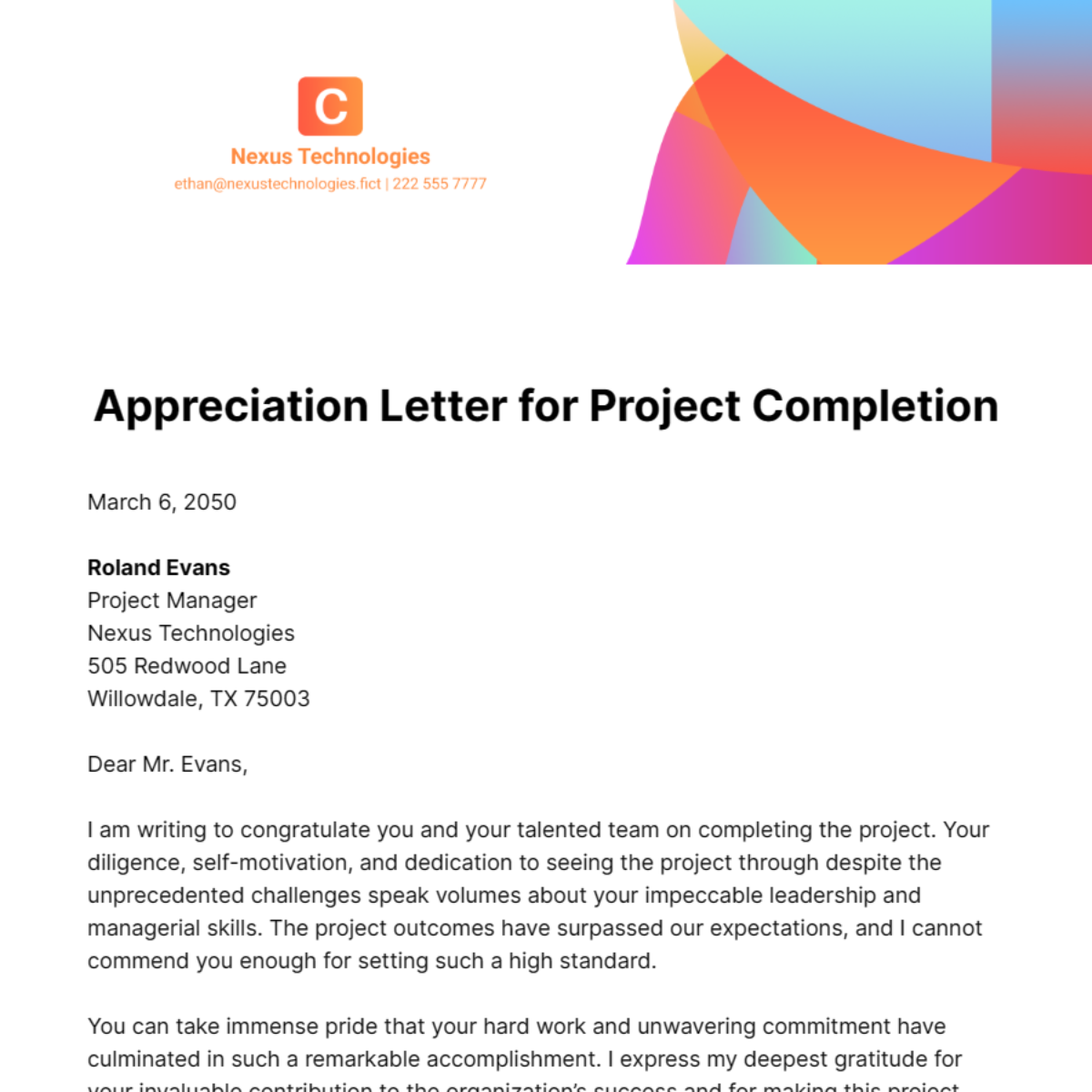 Appreciation Letter for Project Completion Template