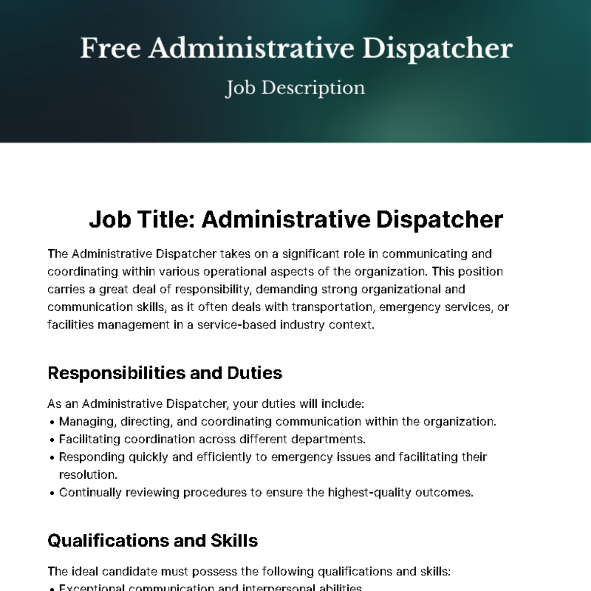 Free Administrative Dispatcher Job Description Template