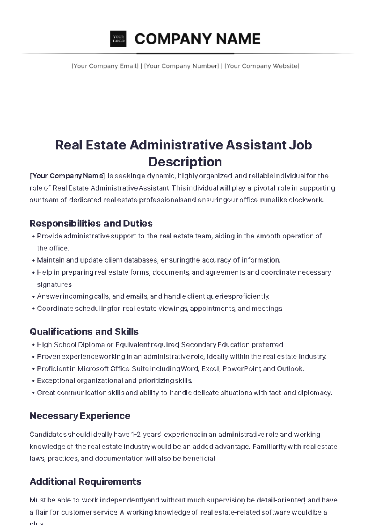 Real Estate Administrative Assistant Job Description Template - Edit Online & Download