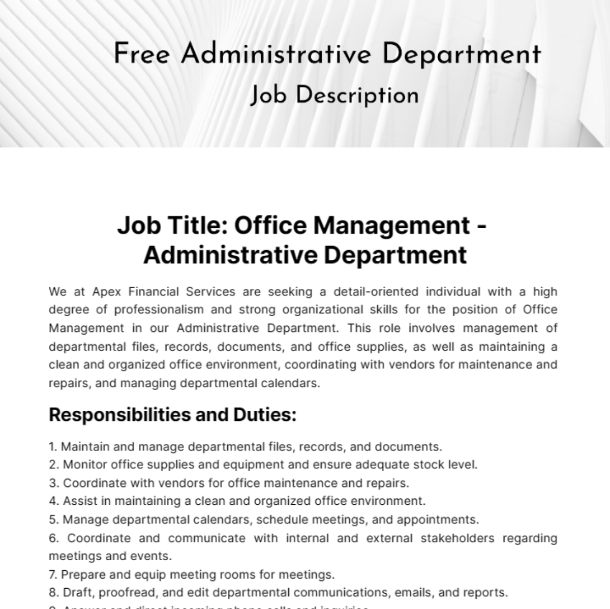 Administrative Department Job Description Template