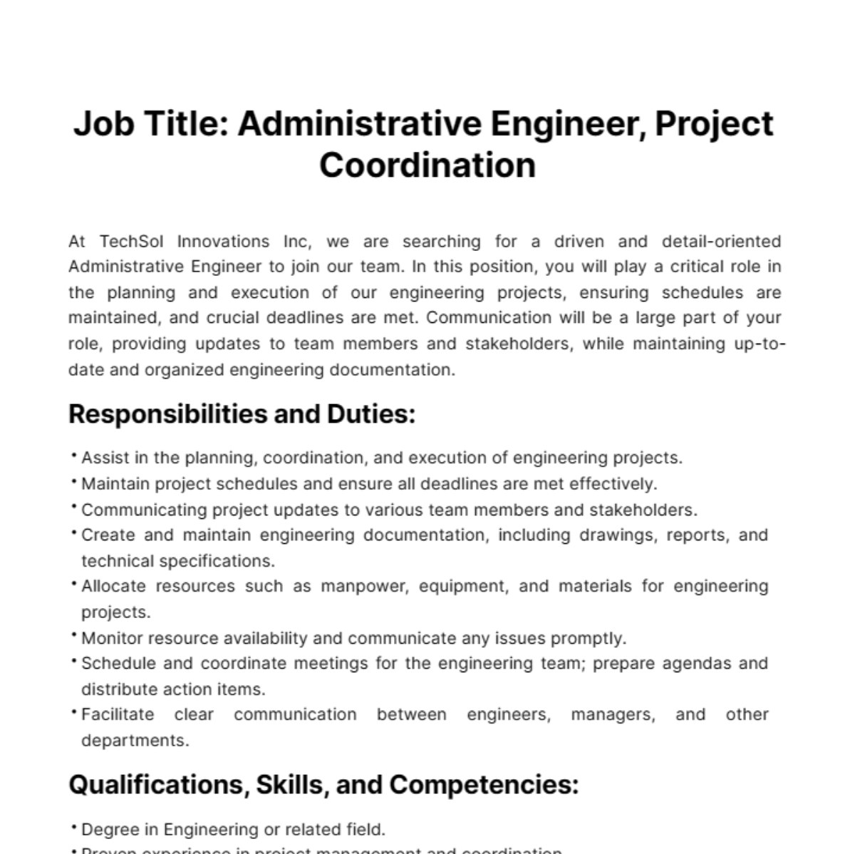 Free Administrative Engineer Job Description Template
