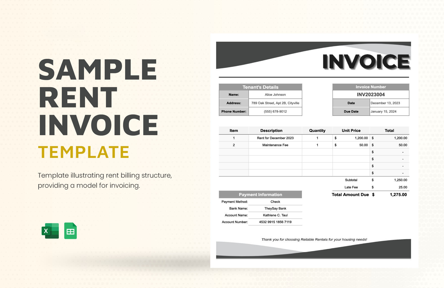 Sample Rent Invoice Template in Excel, Google Sheets