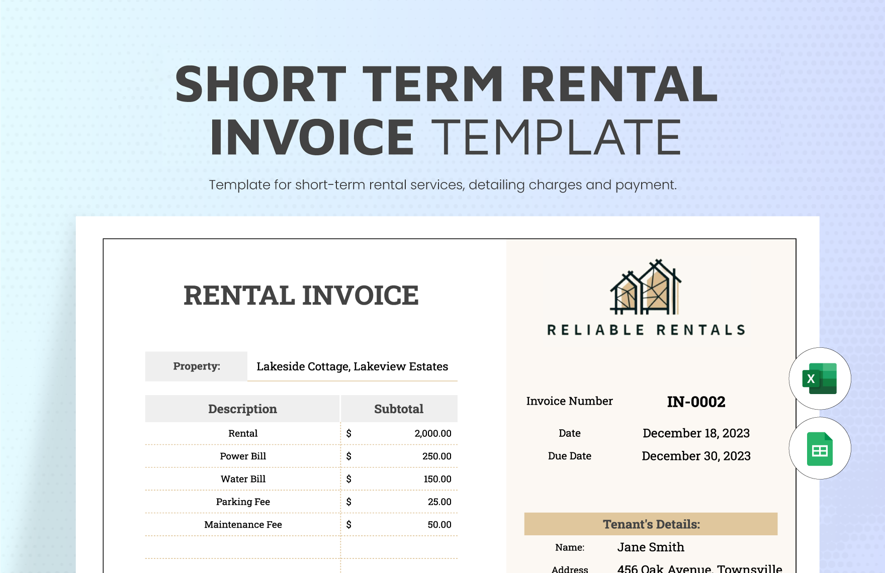Short Term Rental Invoice Template in Excel, Google Sheets