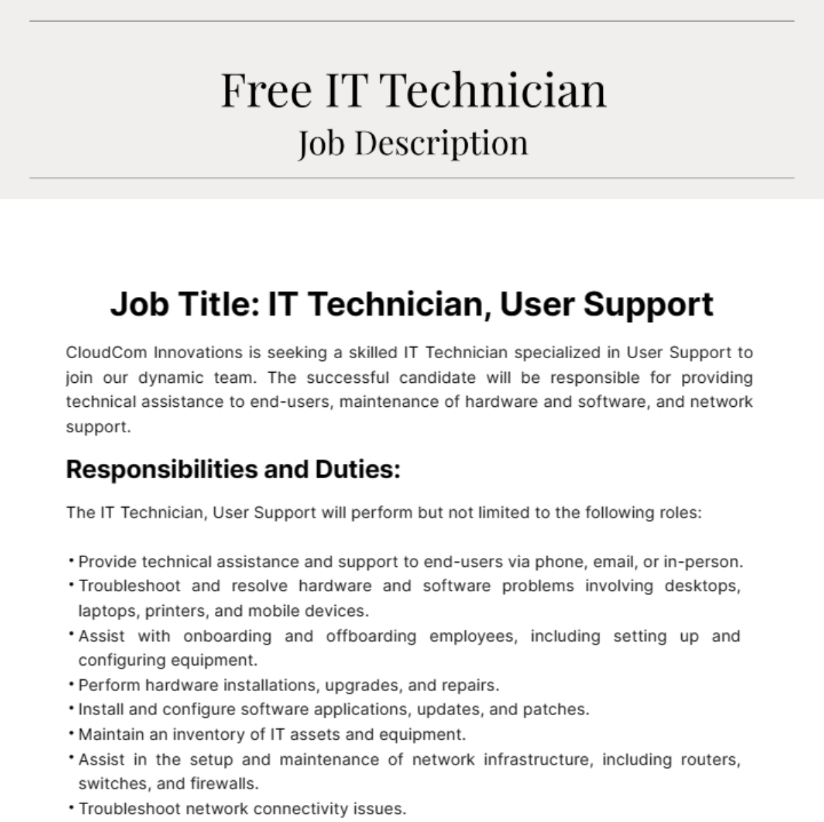 Free IT Technician Job Description Template