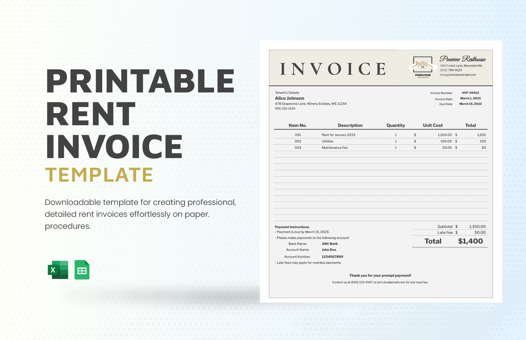 Printable Rent Invoice Template