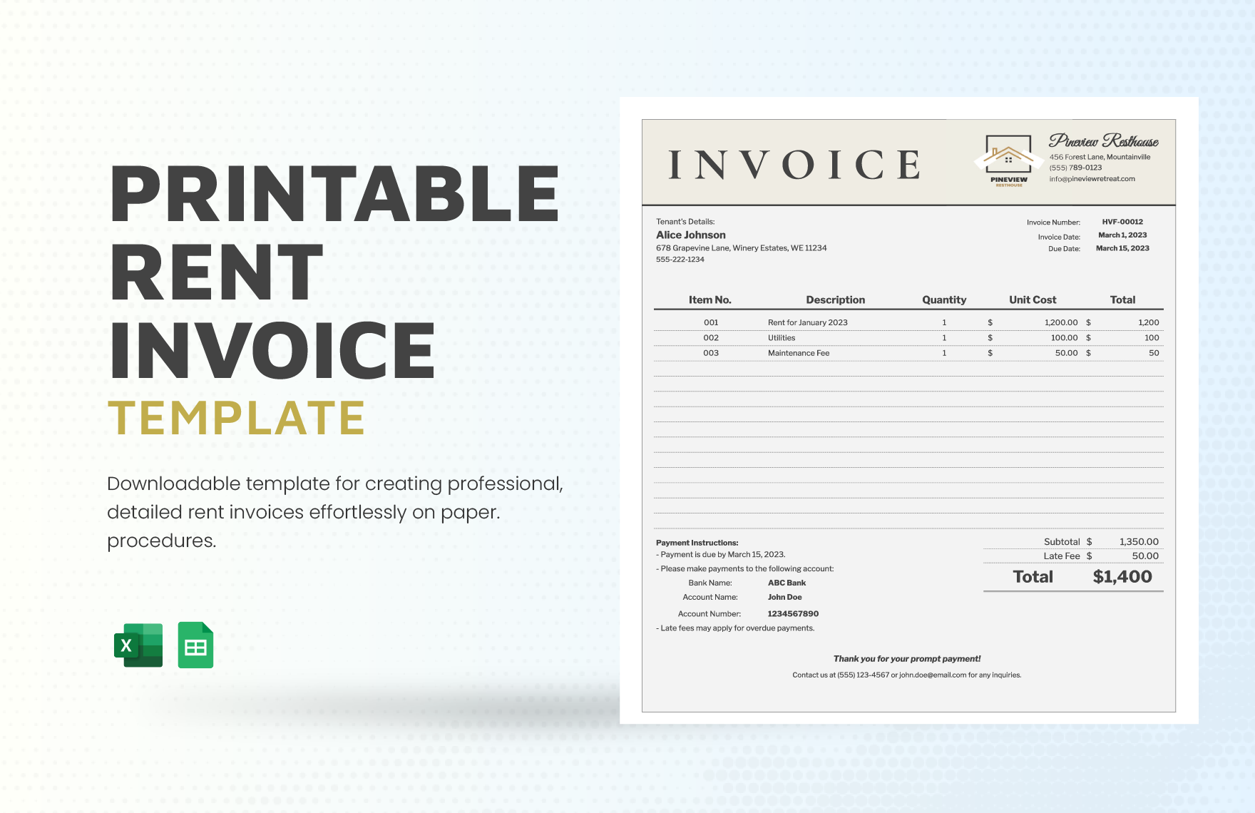 Printable Rent Invoice Template in Excel, Google Sheets