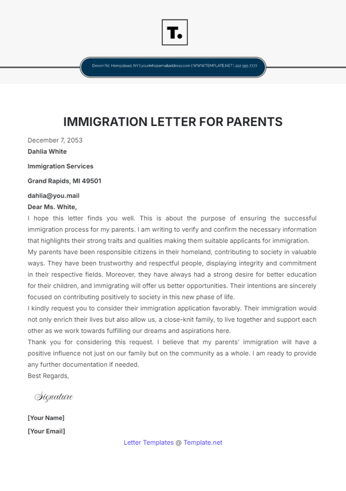 Free Immigration Letter for Parents Template