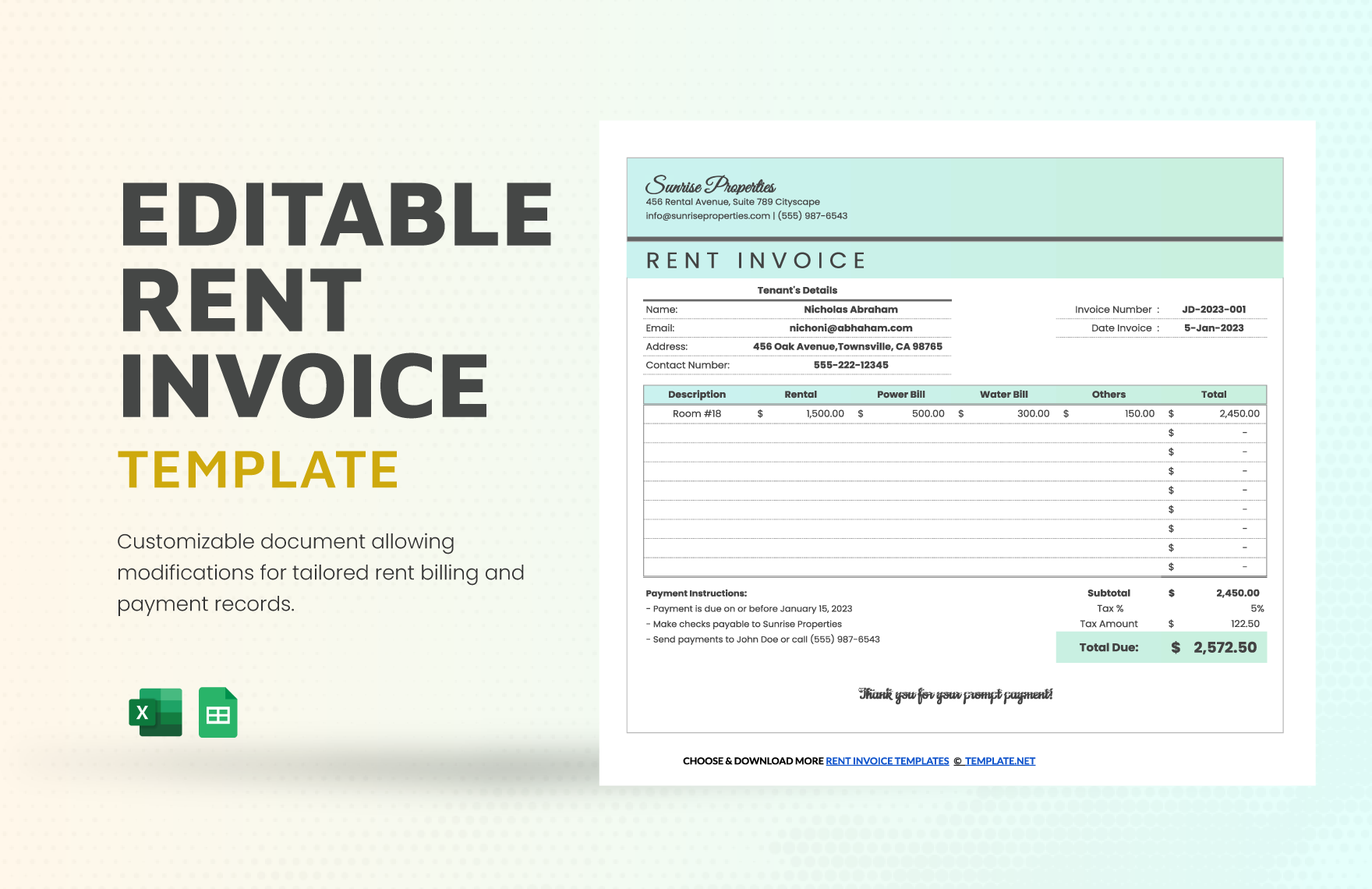 Free Editable Rent Invoice Template in Excel, Google Sheets